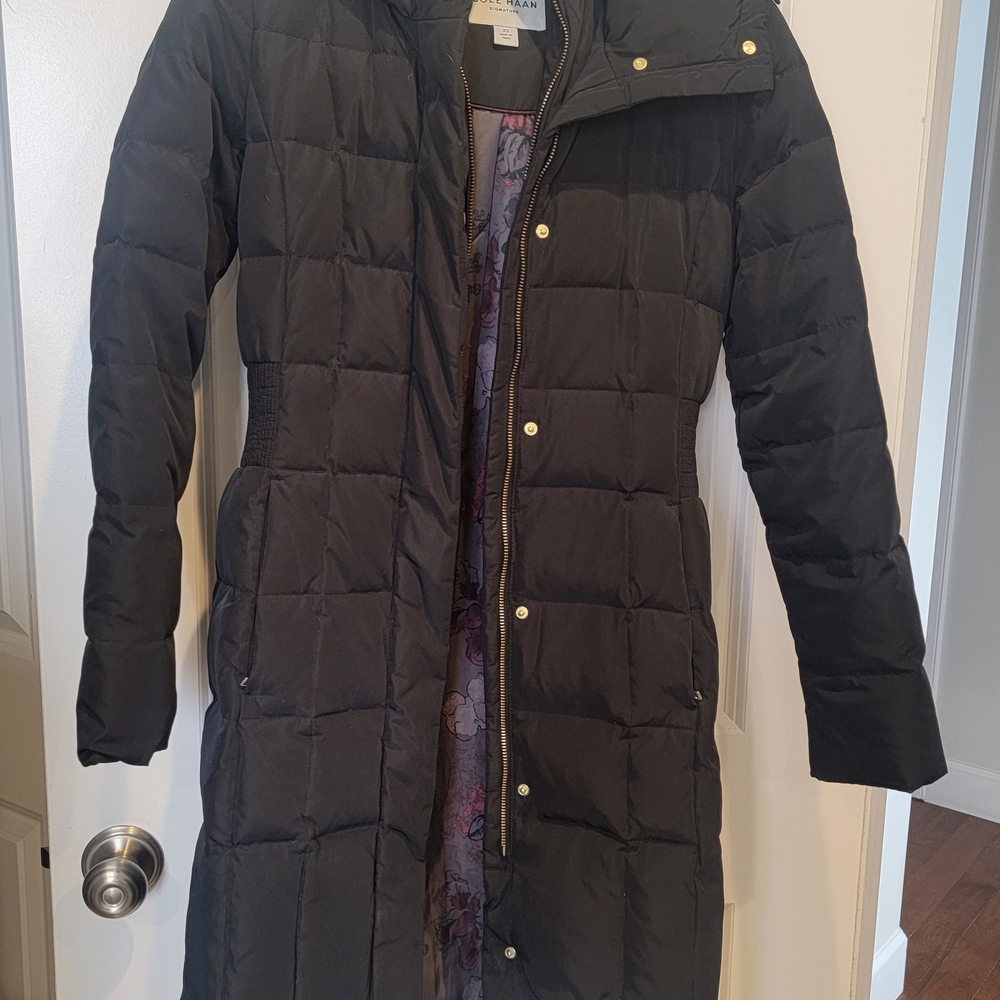 Cole Haan Women's Long Coat Black Size Extra Small Quilt Down Waist Ruching